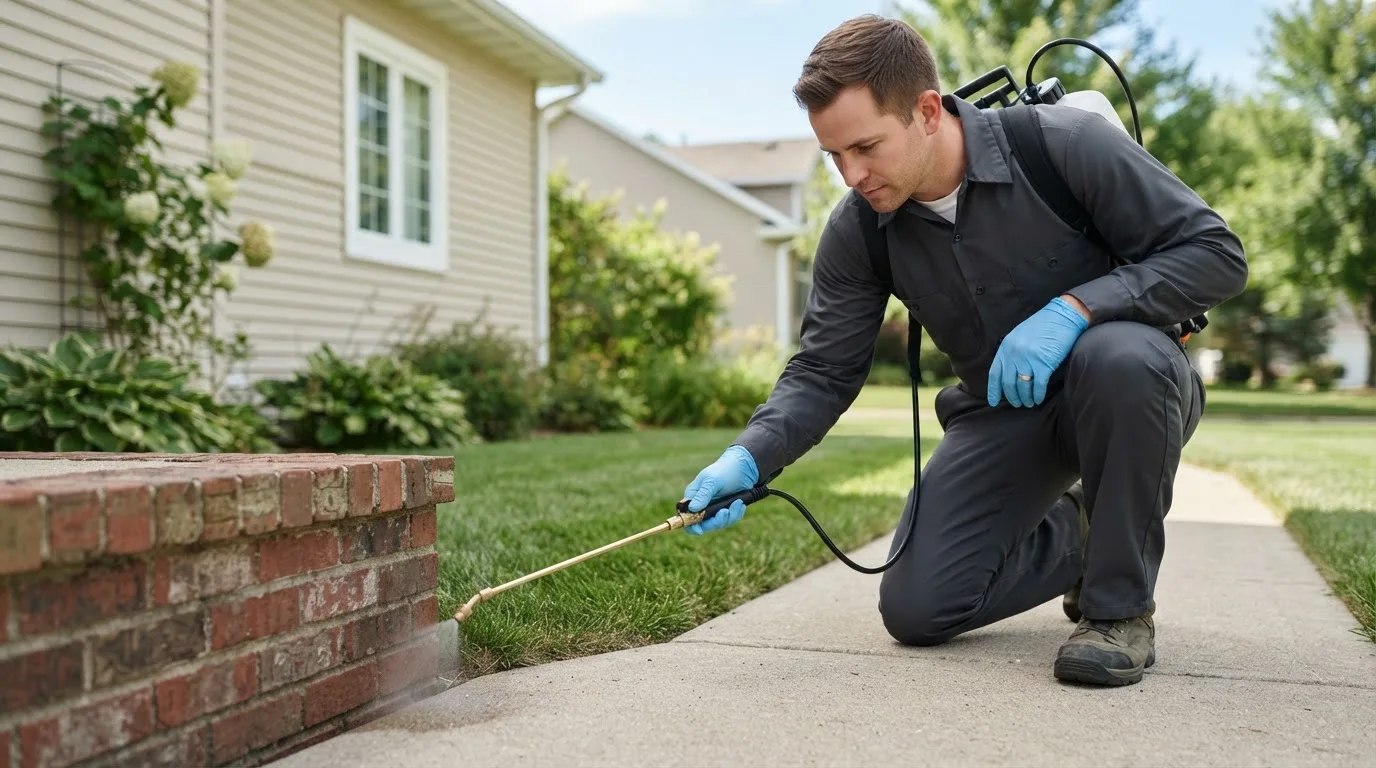 Pest control technician treating a home near Tilleda, WI